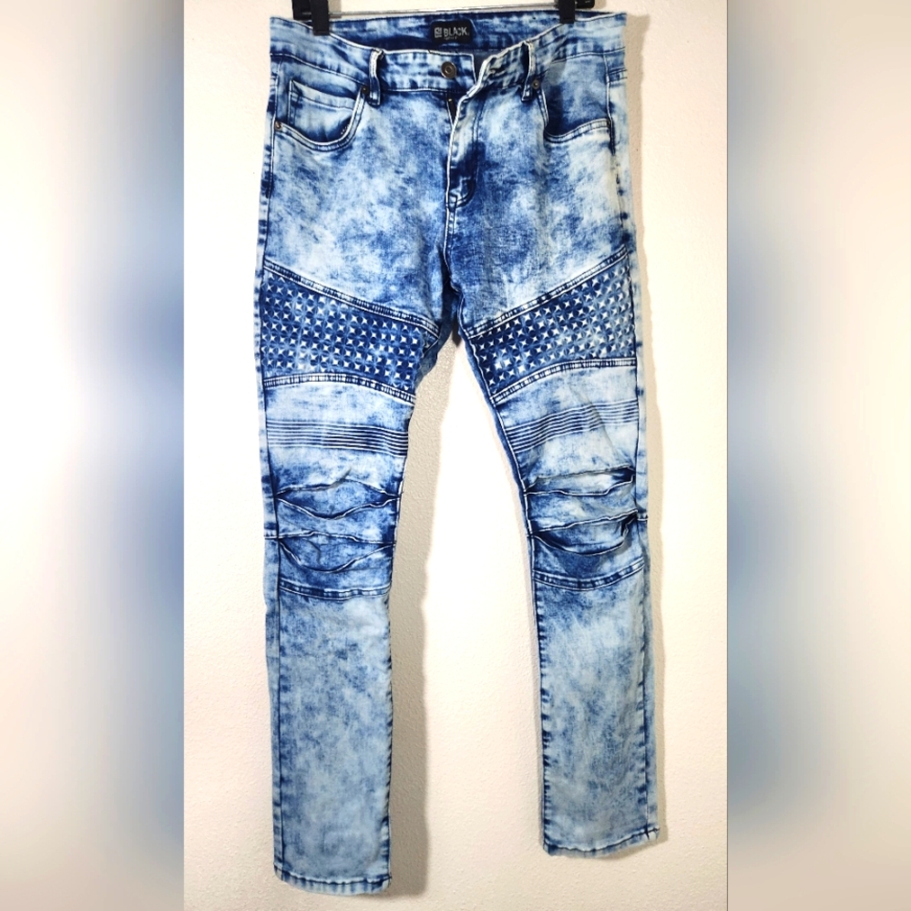 CJ Black Premium Skinny Flex Moto Blue Acid Wash Denim Jeans Size 34x34